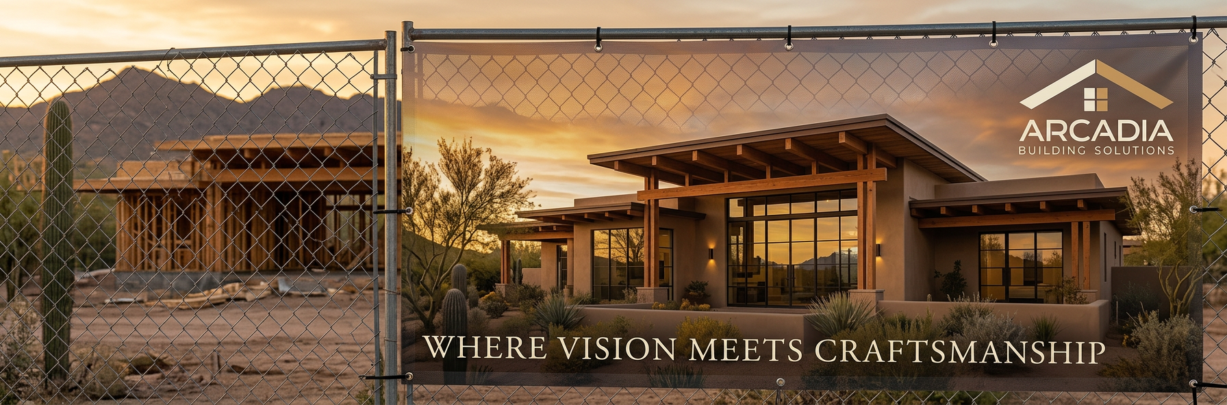 Aesthetic banner option · golden-hour exterior rendering with Arcadia logo