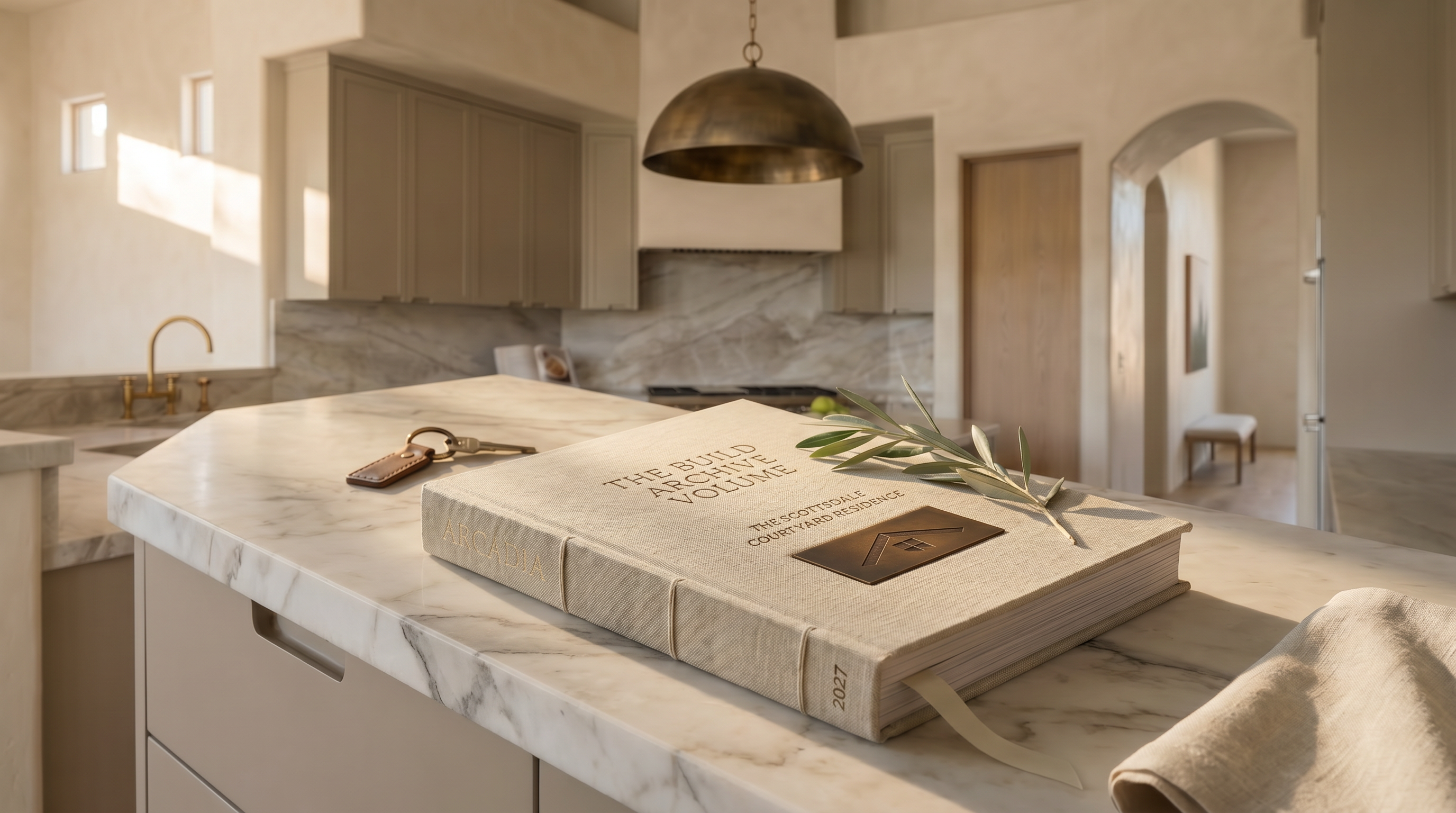 The Build Archive Volume on the family's kitchen island at handover, keys and olive branch placed alongside