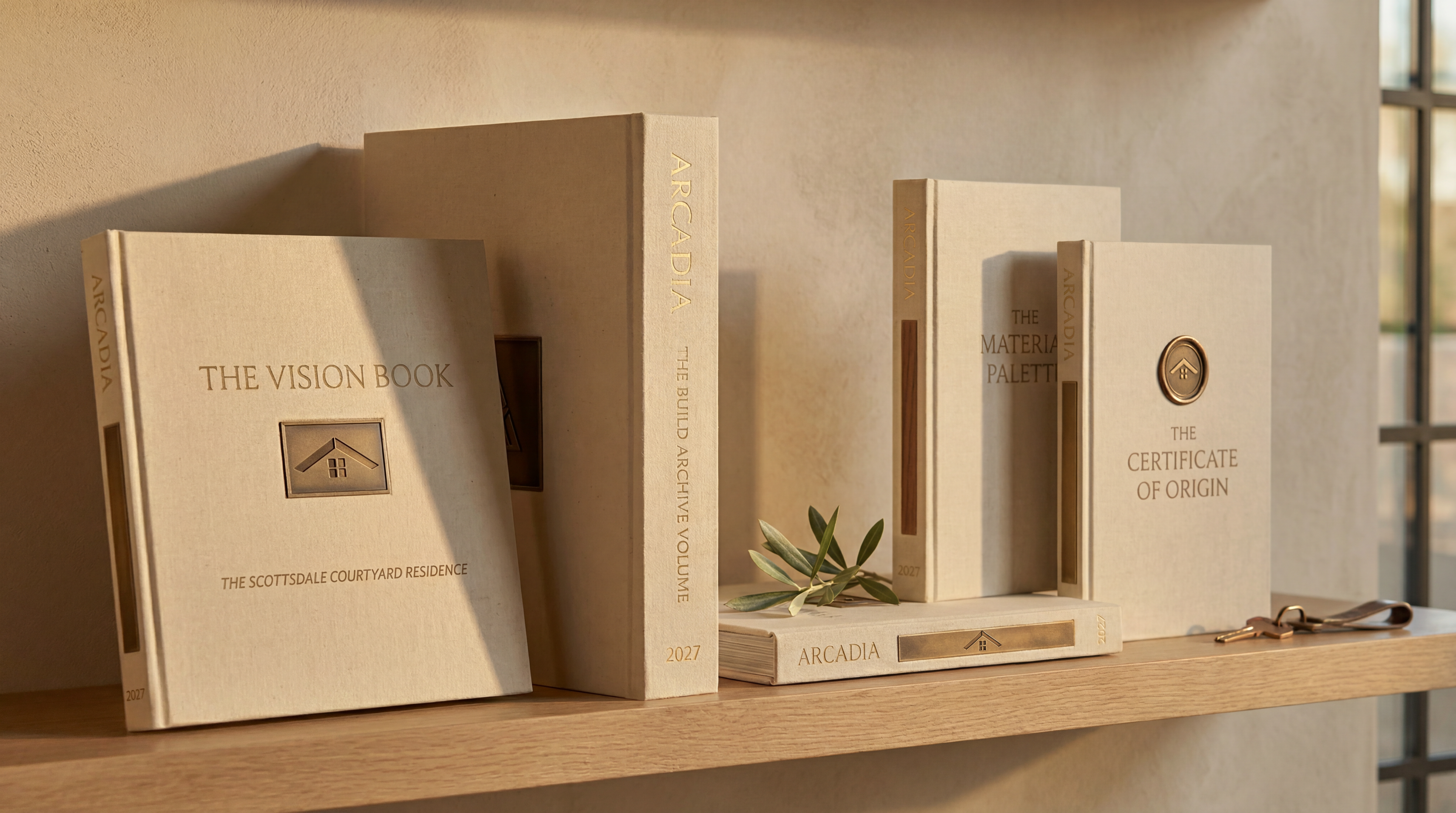The four bound volumes — Vision Book, Build Archive, Material Palette, Certificate of Origin — on a shelf together