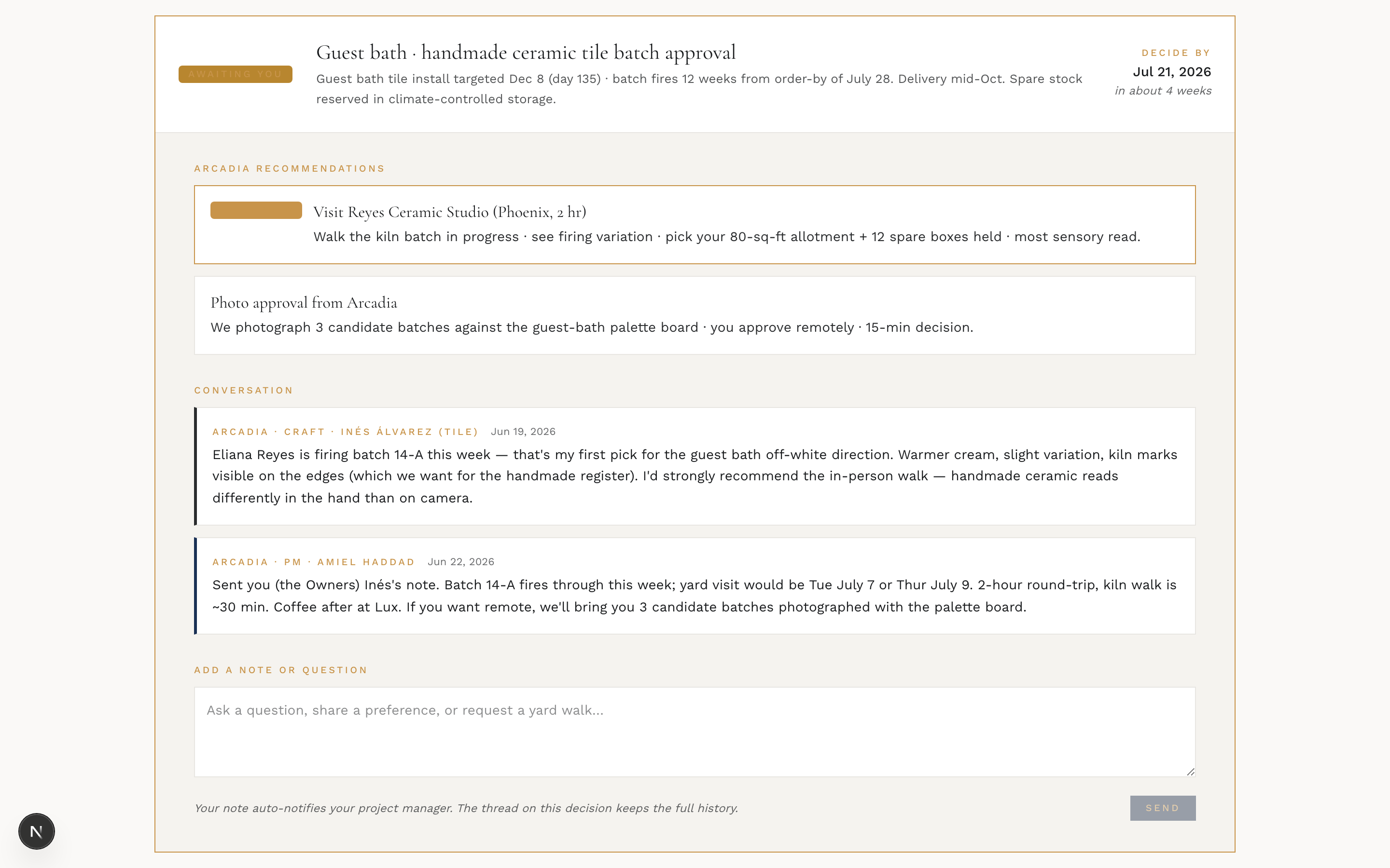 Client portal · decision expanded with full history + message option