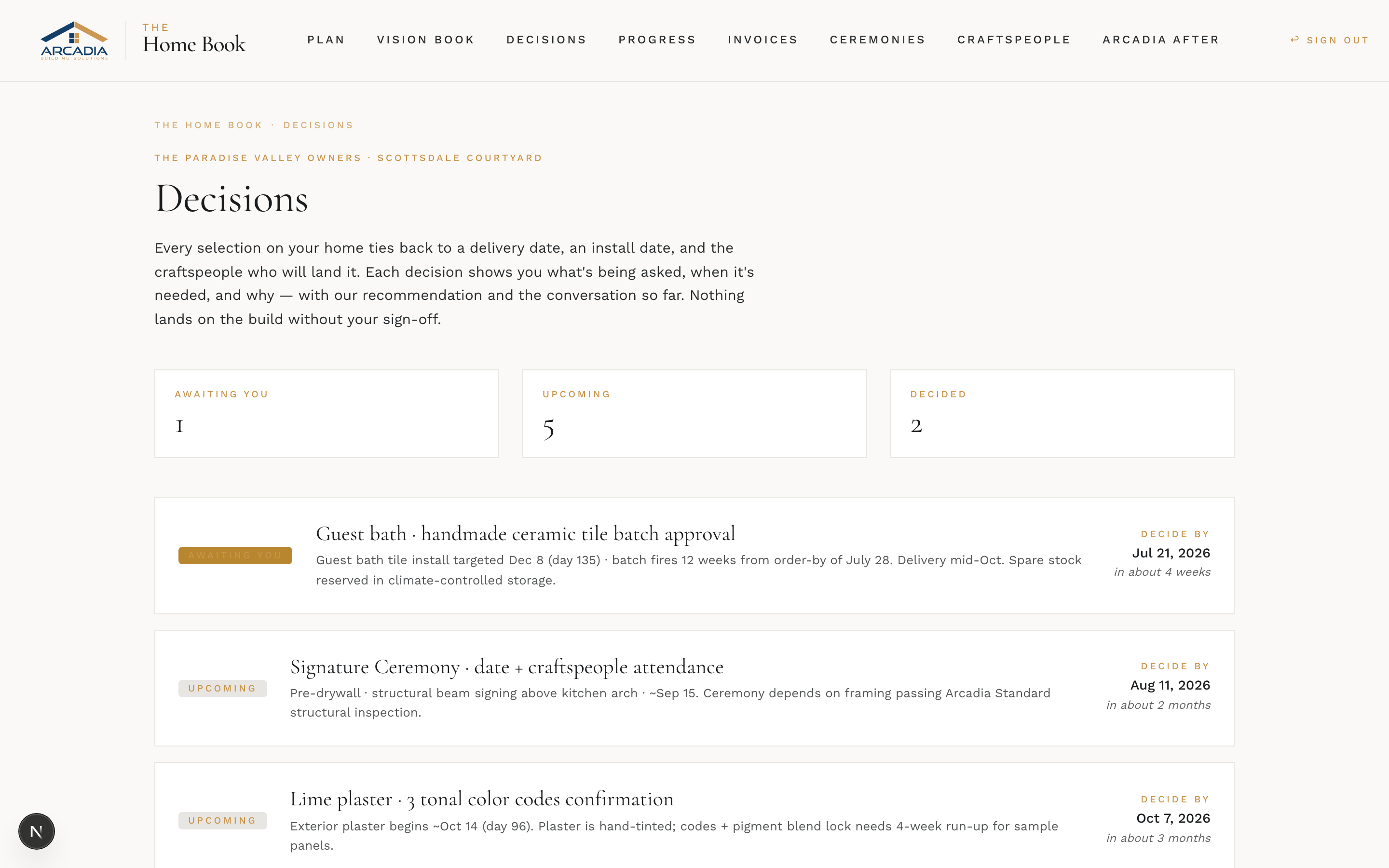 Client portal · decisions overview list